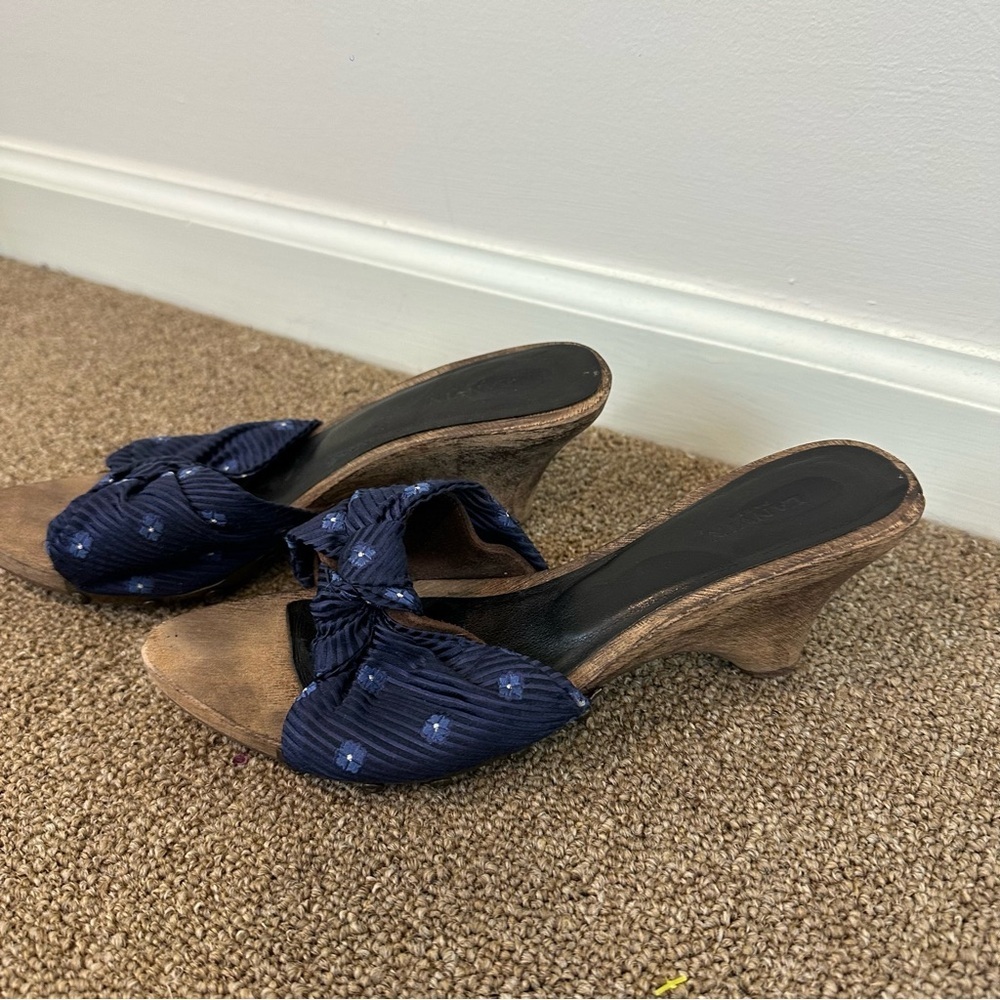 Lanvin Wood Sole Heeled Sandals Studded Blue Fabric Size 6 Women's